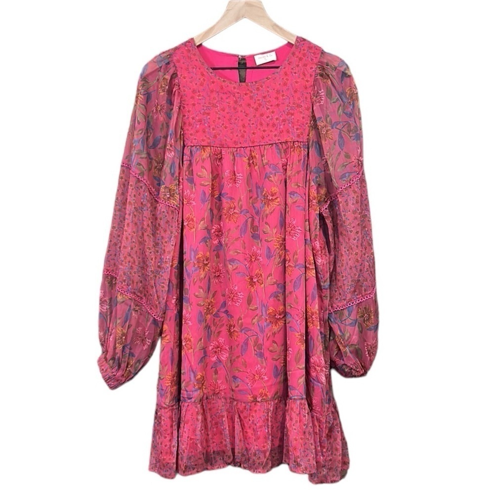 Hailey & Co Floral Boho Style Hot Pink  Long Sleeve Dress Size Medium - Picture 3 of 12